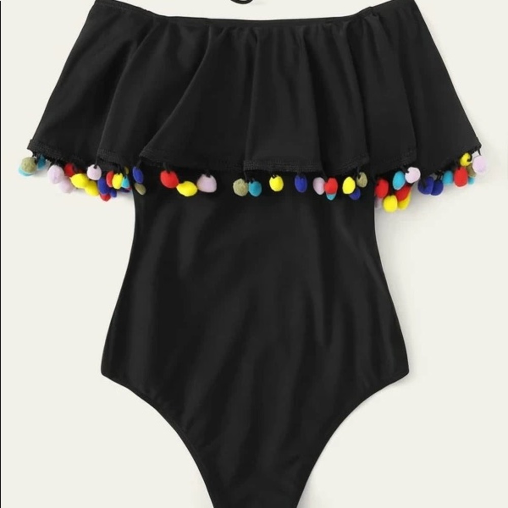 Pom Pom Trim flounce one piece swimsuit SHEIN